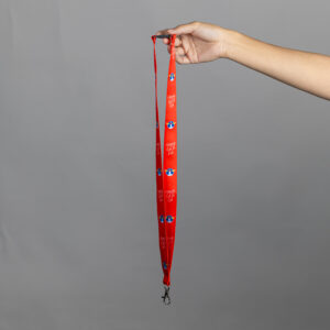 A red lanyard with the LLH logo and HKBK script