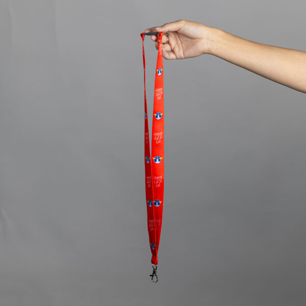 A red lanyard with the LLH logo and HKBK script